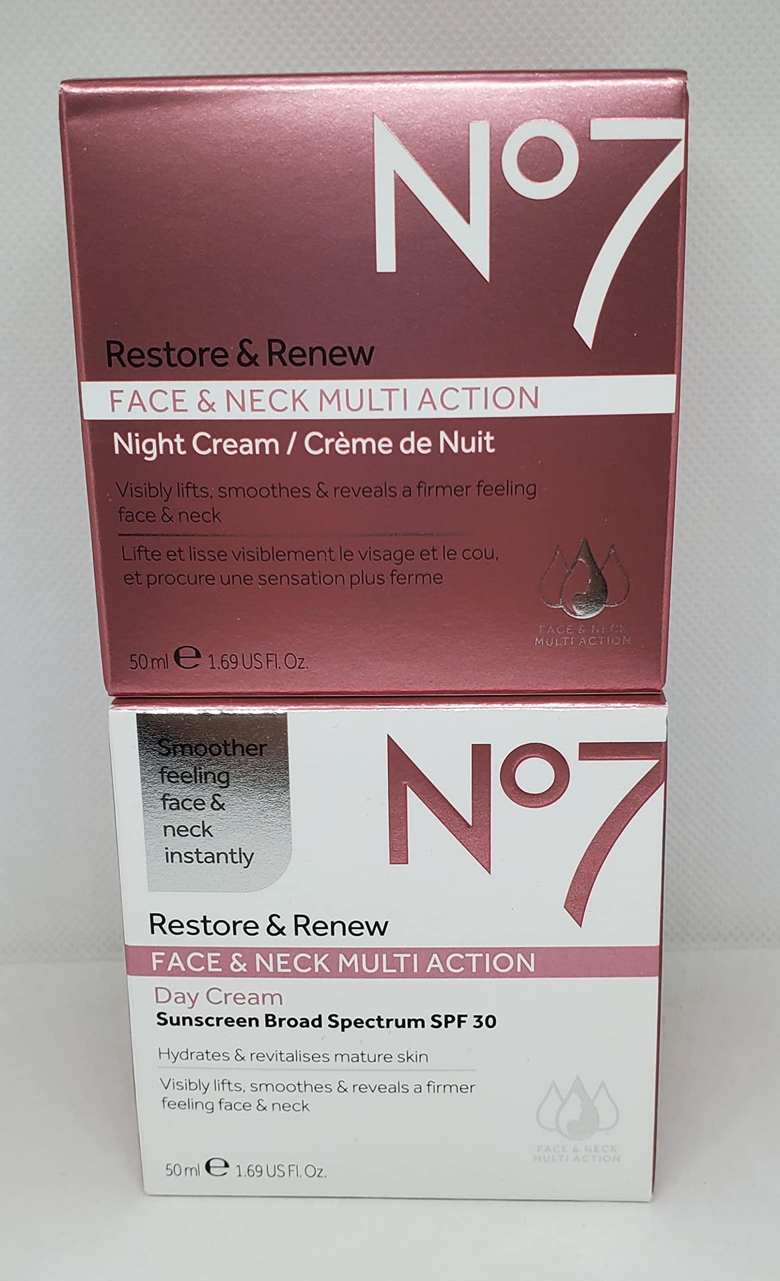 No.7 No7 Restore & Renew FACE & NECK MULTI ACTION Day/Night Creams 2 x 50ml