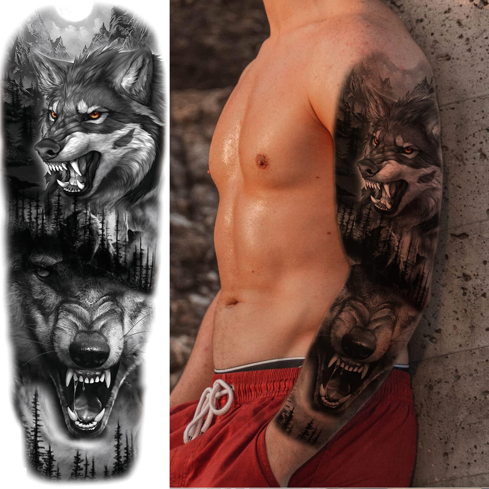 Briyhose Briyhose Lion Wolf Temporary Tattoo Sleeve, Large Full Arm Animal Tribal Fake Tattoos Sleeve For Men Women Adult, Long Lasting Black Arm Temp Tatoo Sticker Leg Body Art Makeup, 4-Sheet