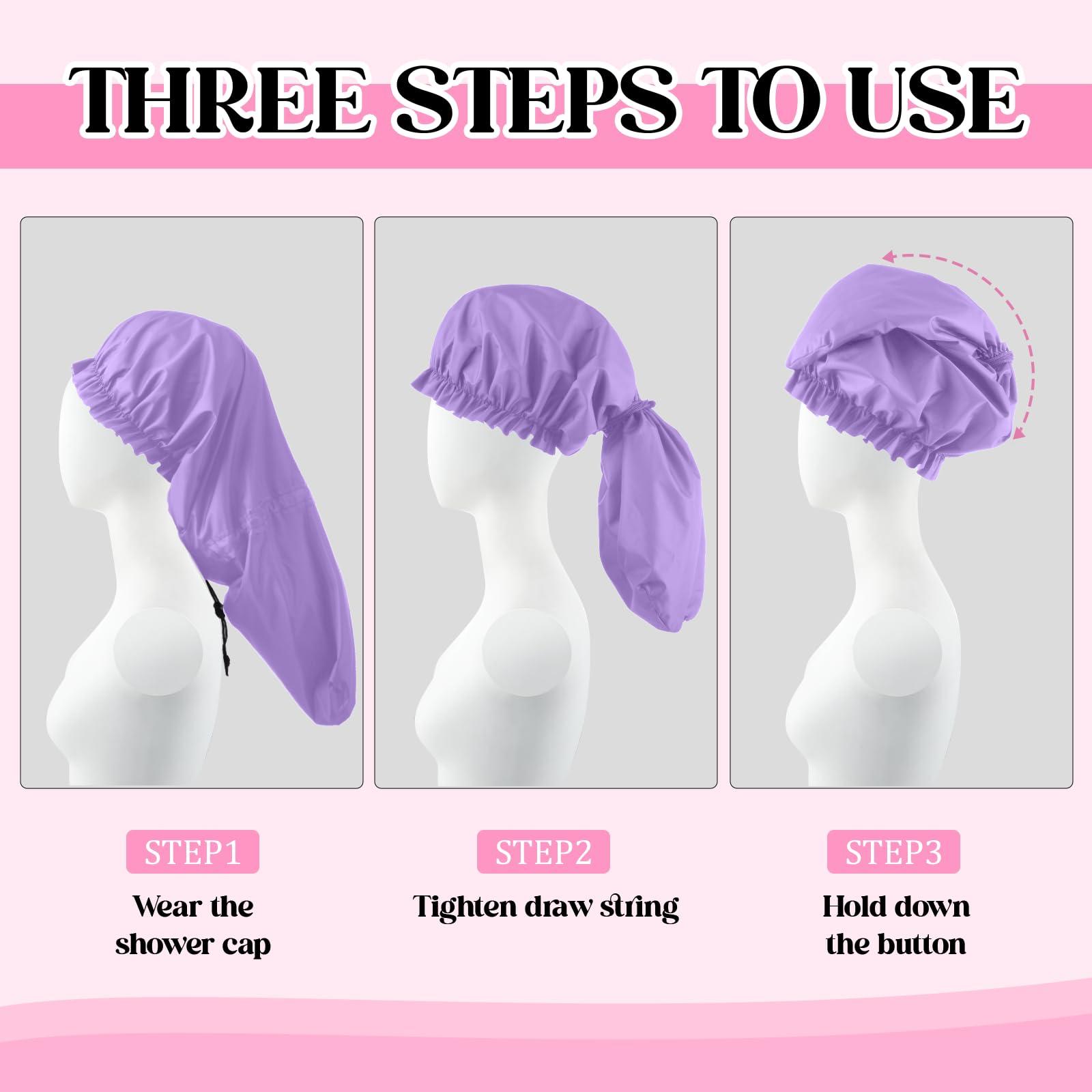 Abeillo 2 Pcs Large Shower Cap for Braids, Extra Long Shower Cap for Women Long Hair & Locs, Waterproof Hair Bonnets for Dreadlocks Drawstring Bath Caps for Women & Men (Pink, Purple)