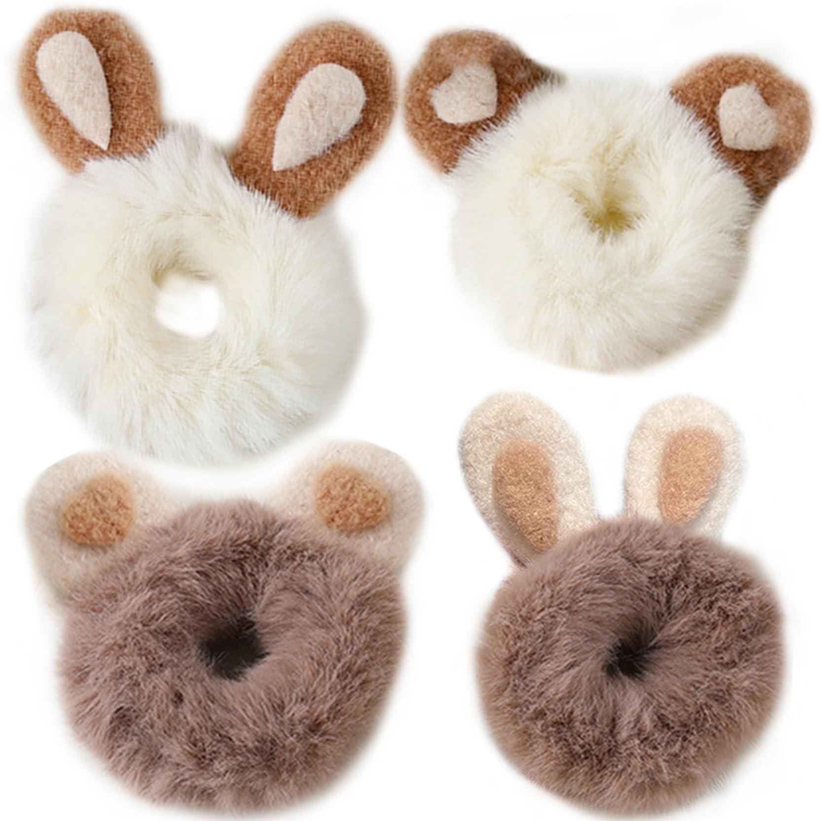 Hperu 4PCS Cute Scrunchies,Scrunchies for Girls Elastic Fluffy Scrunchies Rabbit/Bear Ear Cute Scrunchies Plush Fluffy Hair Ties Portable Thick Hair Bobbles