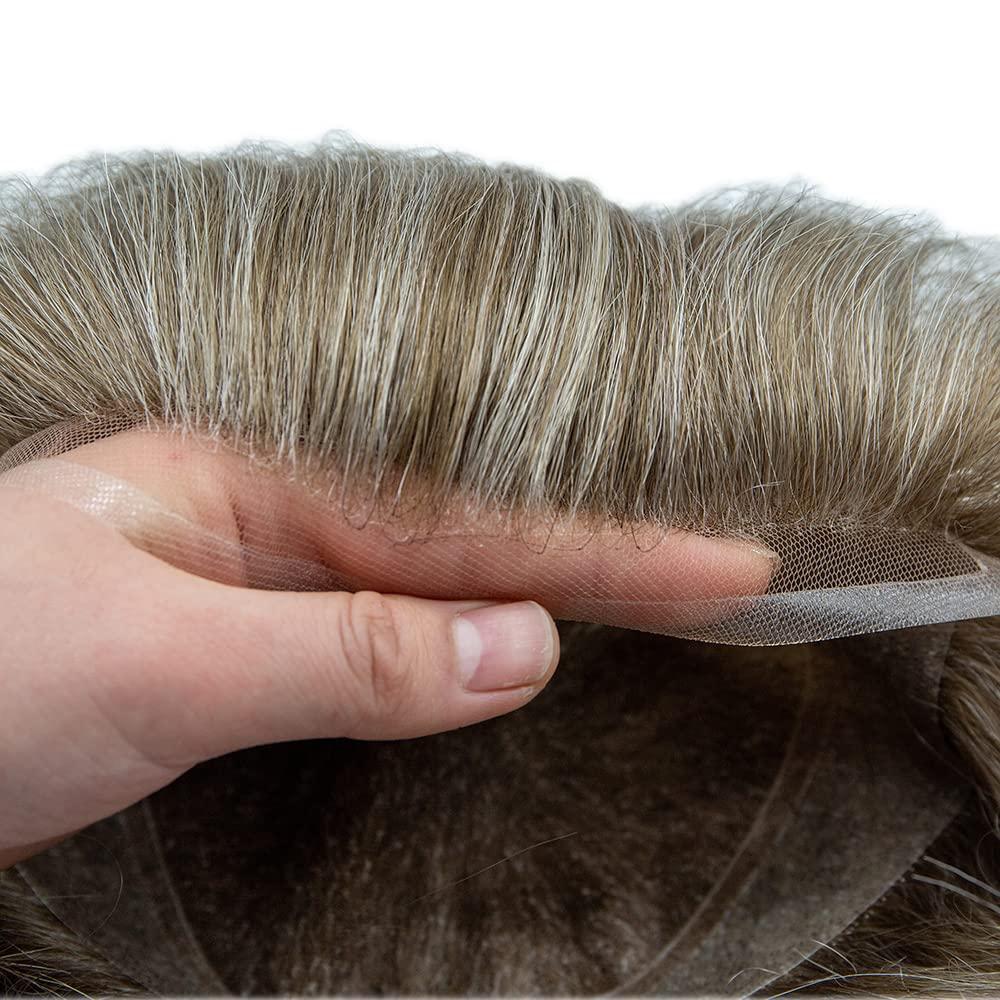 Hair Wonders Toupee For Men Hair Piece Real Human Hair Soft Swiss Lace Replacement System For Mens Toupee Hair Piece Protesis Capilar Para Hombre (7X9Light to medium density, #1810 18# MEDIUM BLONDE+10% GREY)