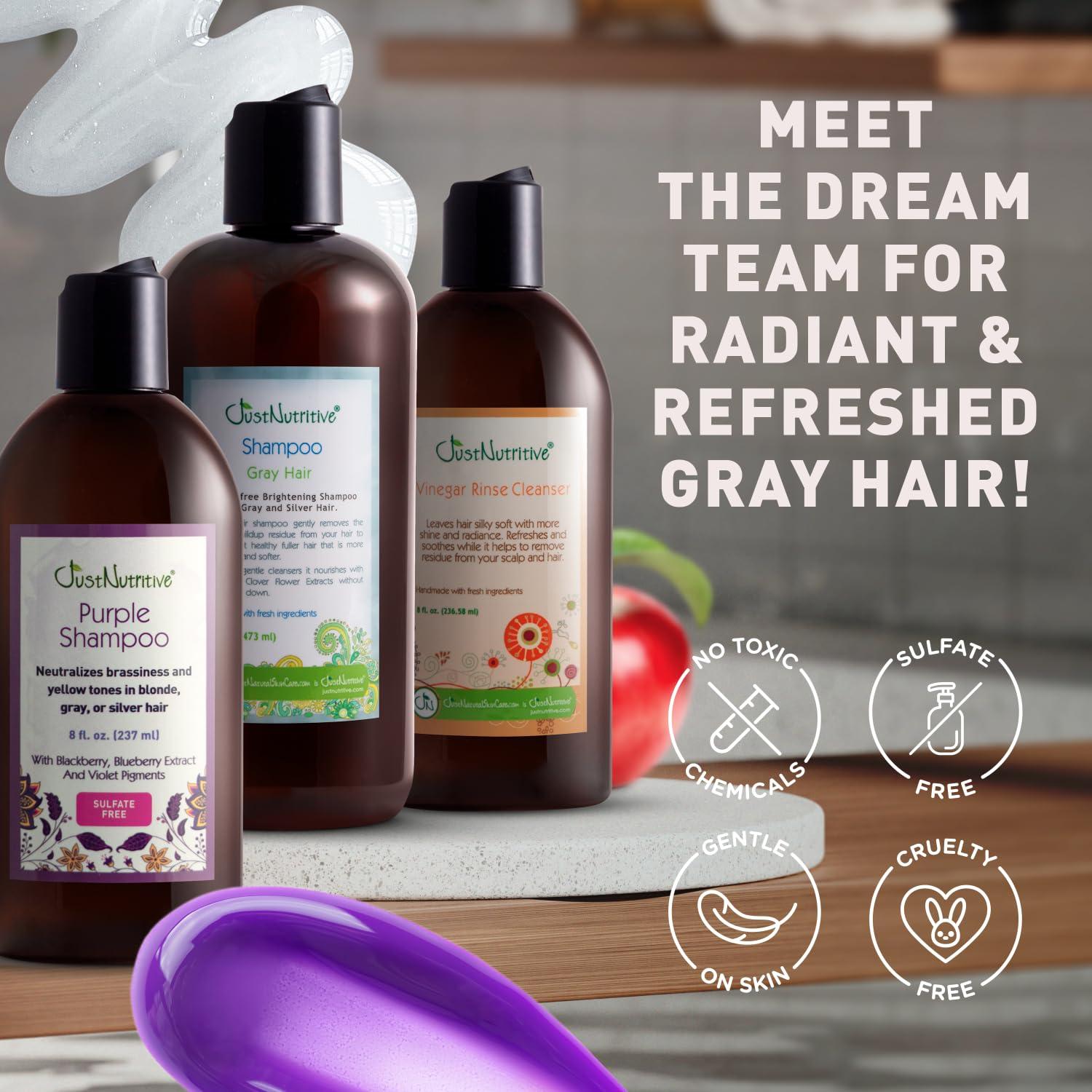 Just Nutritive Just Nutritive Silver & Gray Hair Rescue Trio: Purple Toning, Gray Hair Shampoo & Vinegar Rinse Cleanser for Yellow-Free Hair
