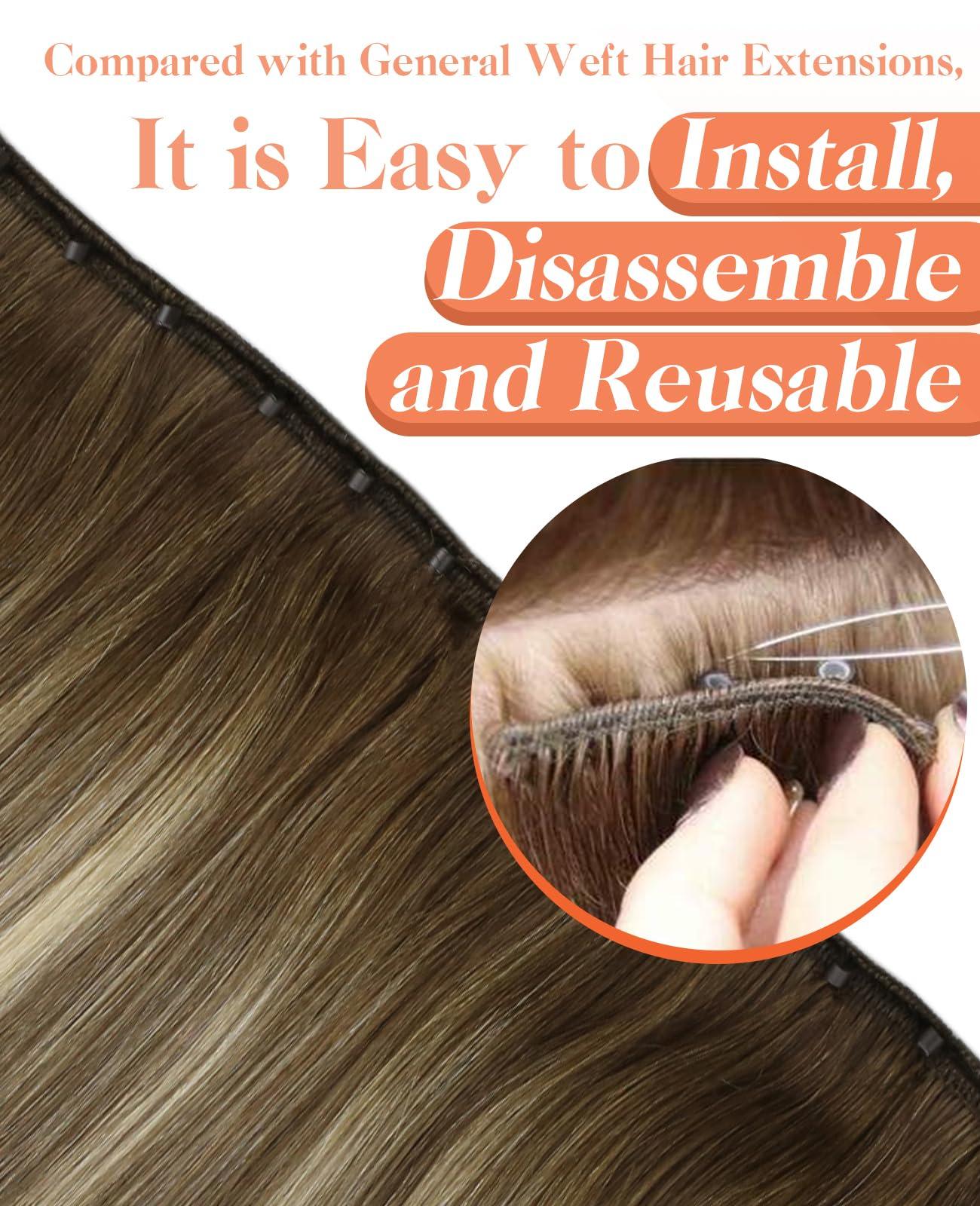 Sunny Hair Sunny Hair Beaded Weft Hair Extensions Human Hair 50G Micro Bead Hair Extensions Real Human Hair Vigorous Weft Hair Extensions with Micro Beads Cool Brown Balayage Light Brown to Blonde 16 inch