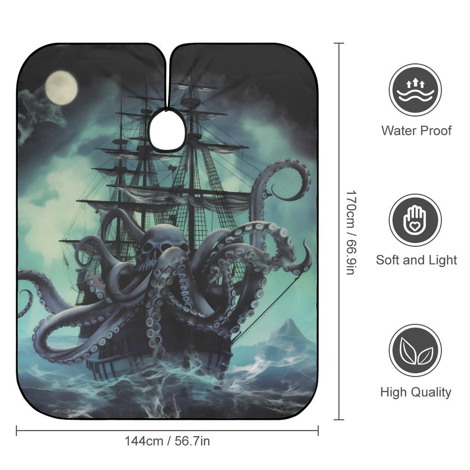 KUYT KUYT Octopus Skull Ship Professional Barber Cape,Polyester Hair Cutting Salon Cape,Water And Stain Resistant Apron,Cutting Hair Beard Hairdressing Cape Anti-Static Haircut,56.766.9 Inch (1 Pack)
