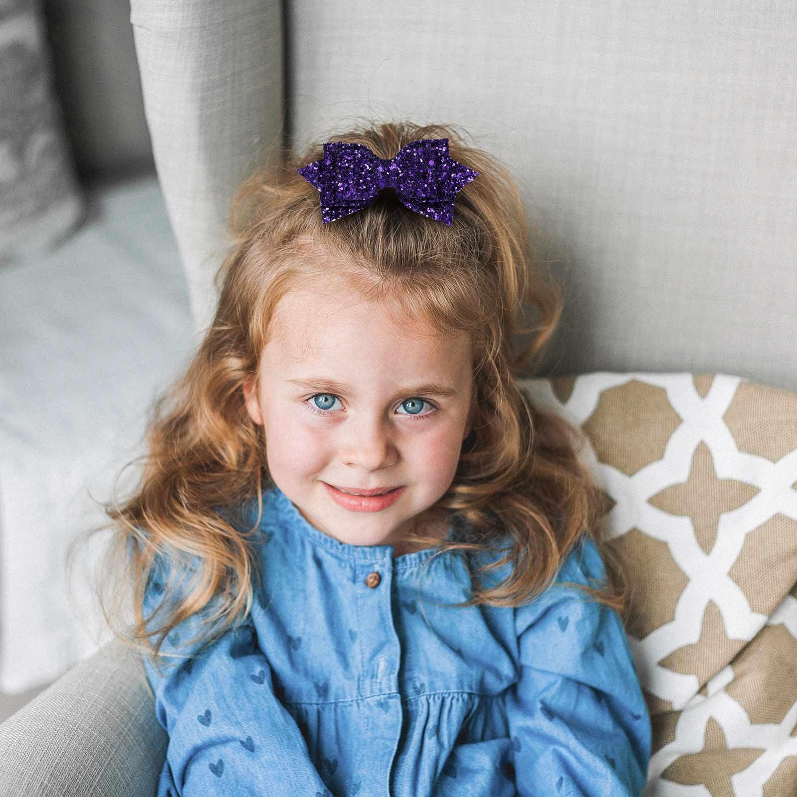Miroksh 4\" Glitter Purple Hair Bow Clips Sparkling Sequin Alligator Barrettes Pins for Teens Toddler Cheerleader Girls Kids Halloween Costume Decor Accessory Back School Mardi Gras Gift