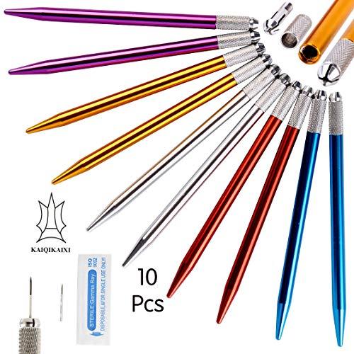 KAIQIKAIXI Microblading Pens 10 Pieces Manual Eyebrow Pens Microblade Pen Aluminum Microblading Hand Tools Light Manual Microblade Tool Microblade Holder Additional 10Pcs Round Needles