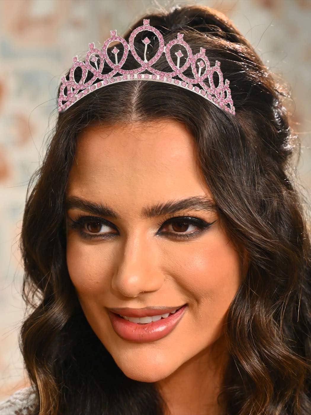 Brishow Brishow Birthday Crowns and Tiaras with Comb Pink Rhinestone Princess Tiara Prom Queen Headpiece for Women and Girls