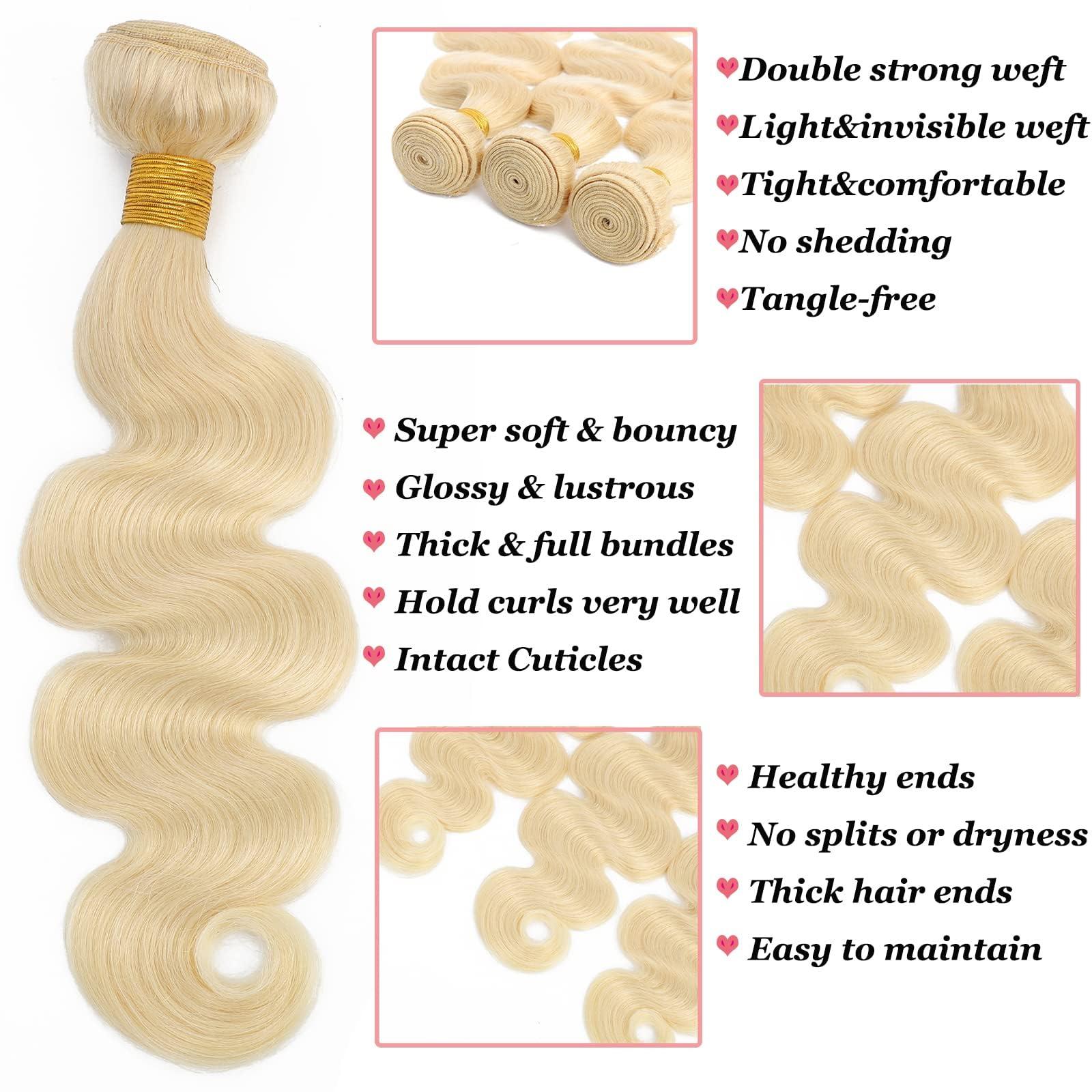 Lolatemi 613 Bundles Blonde Human Hair Body Wave 3 Bundles 16 18 20 Inch 100% Unprocessed 10A Brazilian Virgin Human Hair Bundles 613 Bundles Human Hair