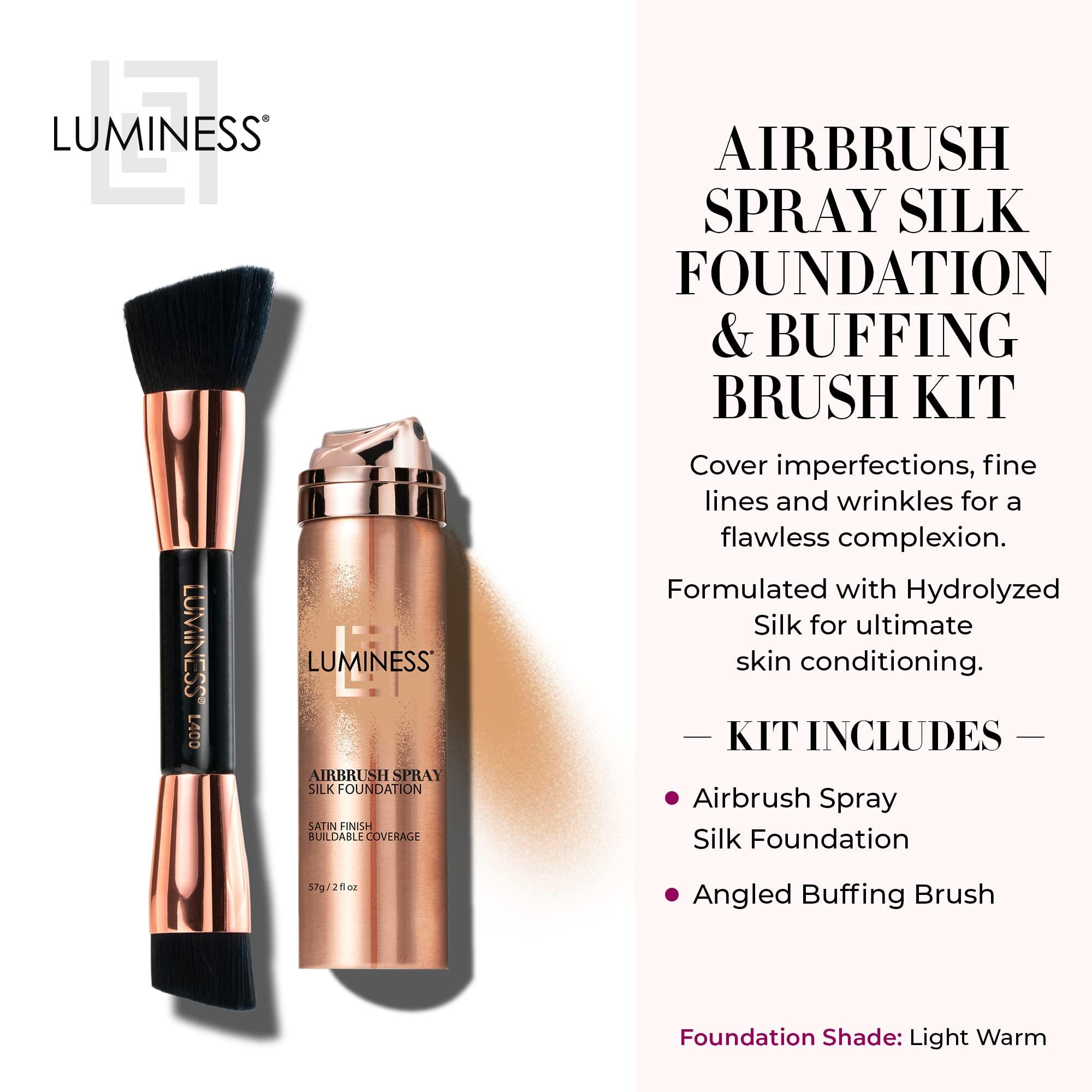 LUMINESS LUMINESS Silk Airbrush Spray Foundation & Buffing Brush Kit Full Coverage Foundation & Dual-Sided Buffing Brush - Buildable Coverage, Anti-Aging Formula Hydrates & Moisturizes (Shade - Light Warm)