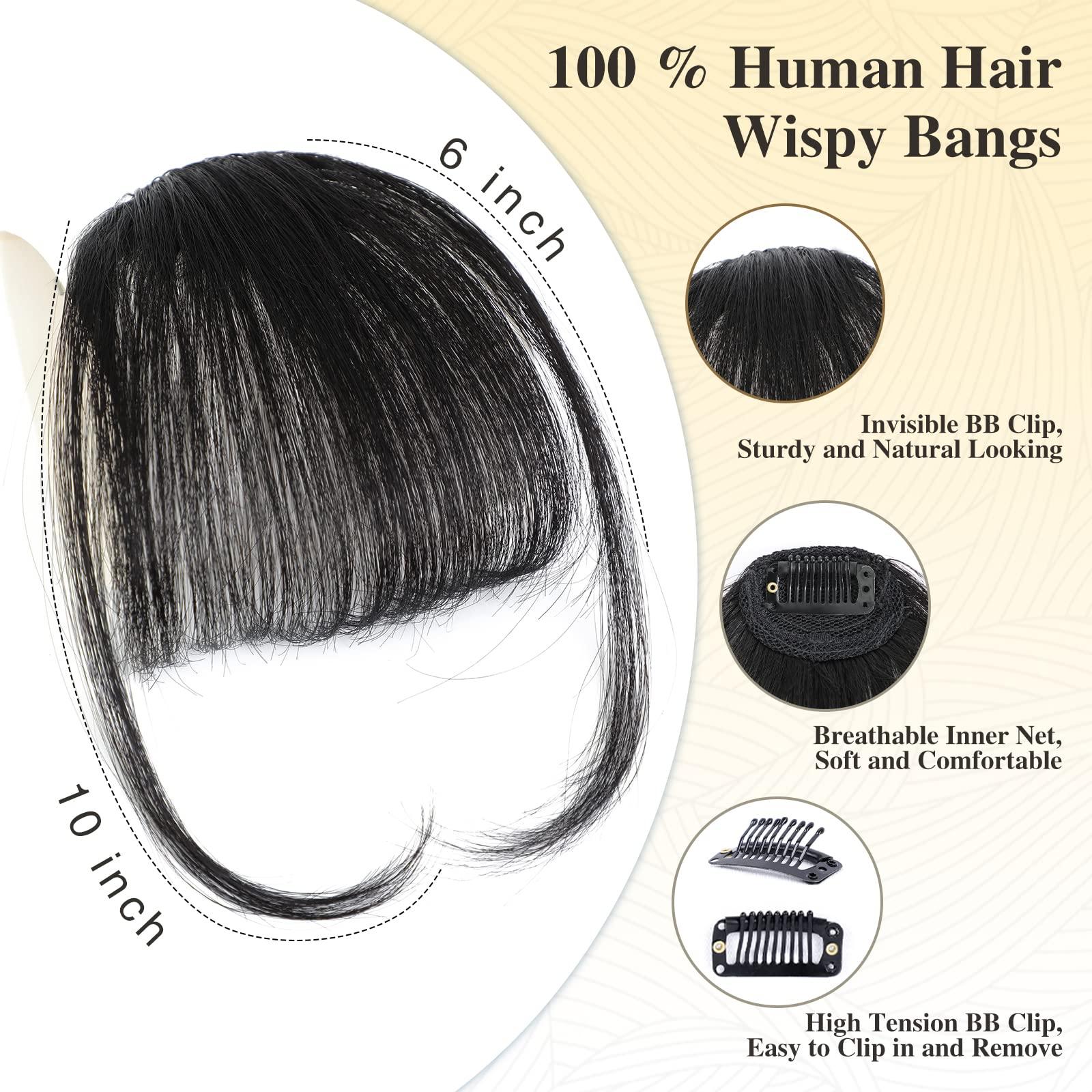 Verna VERNA Bangs Hair Clip in Bangs - 100% Real Human Hair Bangs Clip in Hair Extensions, Easy to Use Fake Bangs, Natural Clip on Bangs, Black Wispy Bangs for Daily Wear (1B, Natural Black)