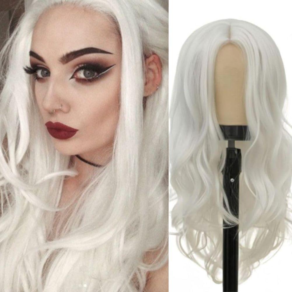 Siudus Siudus White Long Wig Curly Wavy Wigs for Women 26 Inch Synthetic Middle Part Fiber Natural Looking Hair Wig for Halloween Cosplay Party