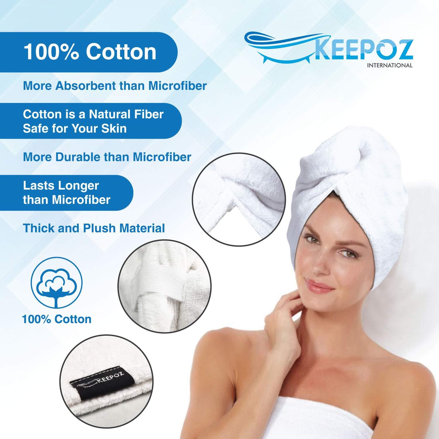 KEEPOZ KEEPOZ 100% Cotton Hair Towel Wrap Quick Dry Super Absorbent Turban Head Wrap for Women with Button, Anti Frizz, Hair Cap for Curly, Long & Thick Hair (White, 1 Pc)
