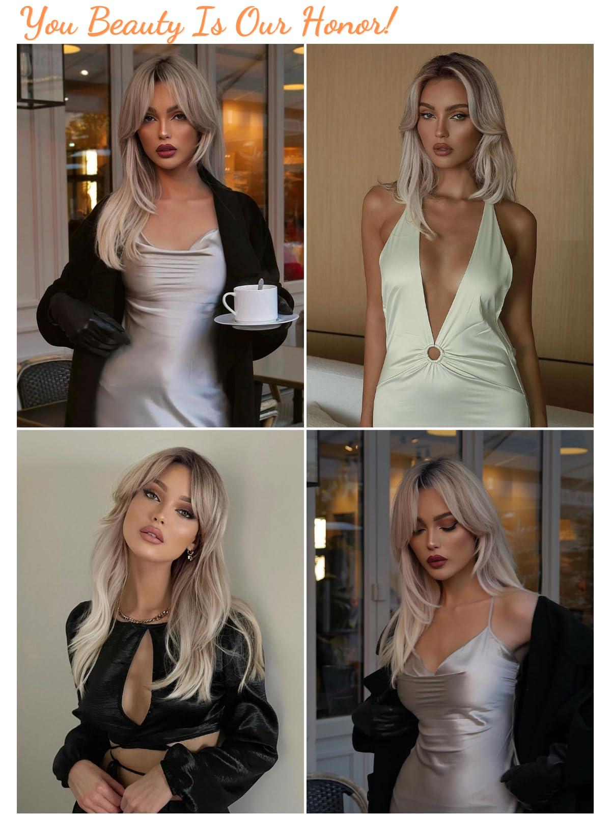 Honygebia Honygebia Brown Blonde Wig with Bangs - Long Wavy Ombre Curtain Bang Wigs for Women, Brown to Blonde Light Ash Dark Roots Synthetic Hair, Heat Resistant Natural Cute Wigs for Halloween/Christmas