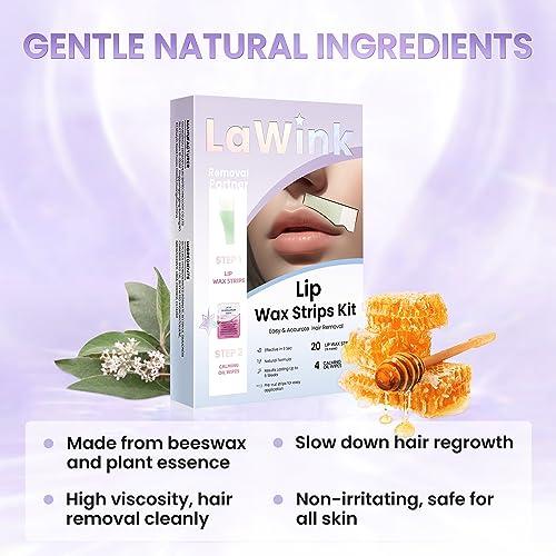 LaWink LaWink Lip Wax Strips Kit Cold Wax Strips Facial Hair Removal 20 Strips 4 Calming Oil Wipes for Sensitive Skin Types Women