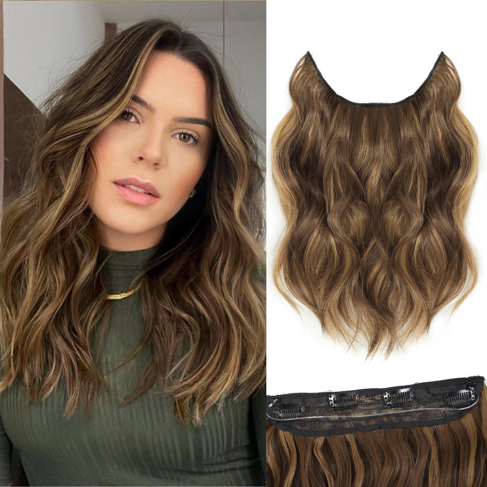 BUPPLER BUPPLER Halo Hair Extensions 12 Inch Invisible Wire Hair Extensions Adjustable Long Wavy Hair Extensions Synthetic Upgrade 4 Secure Clips in Hairpieces 12 Inch, Medium Brown Mixed Golden Brown