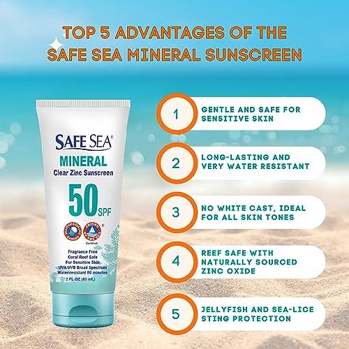 SAFE SEA Safe Sea Zinc Oxide Sunscreen SPF50 | Clear Mineral Face Sunscreen Without White Cast | Anti-Jellyfish Sting Protective Lotion | Coral Reef Safe | Travel Size - 2Oz (60ml), Pack of 2