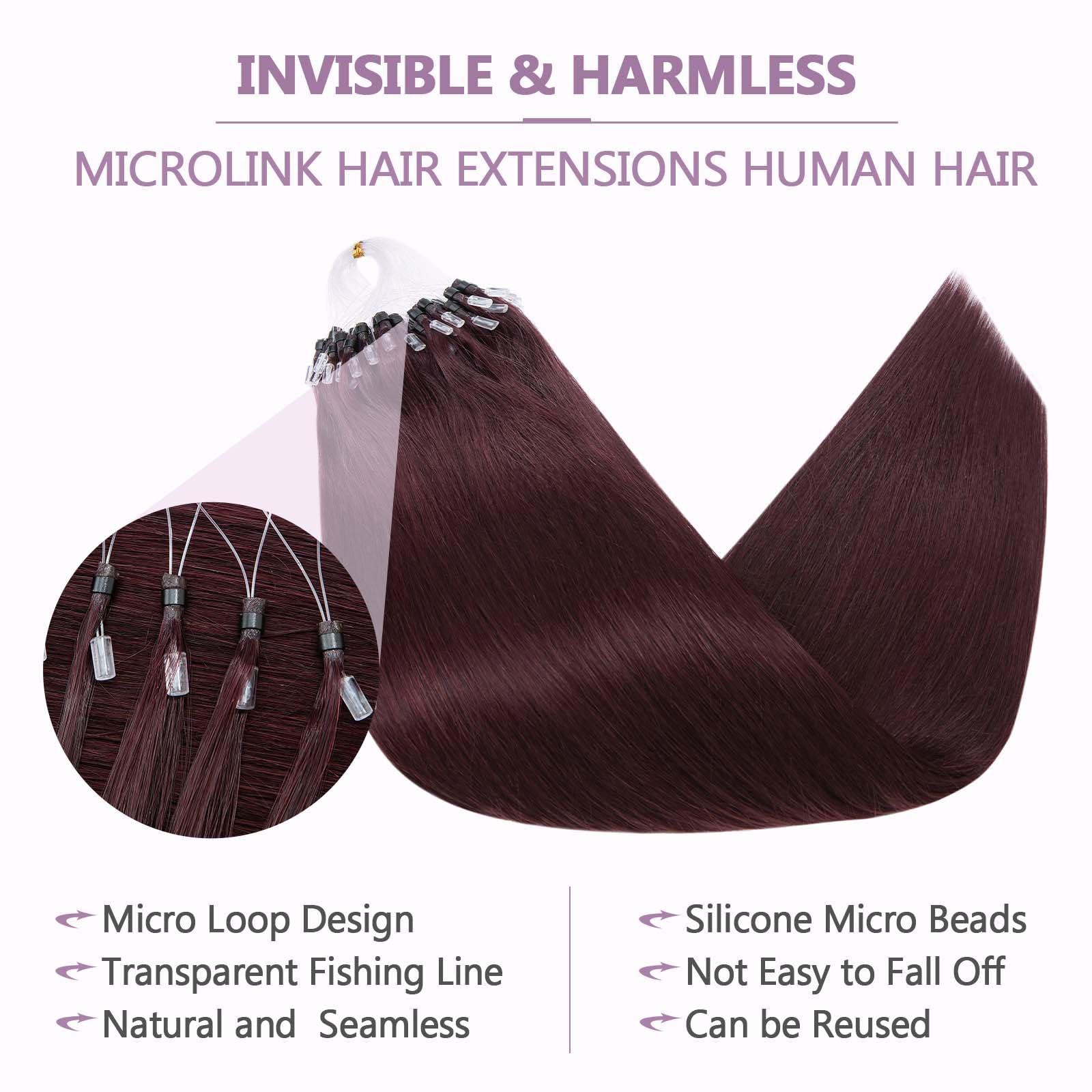 Benehair Benehair Micro Loop Hair Extensions Real Human Hair Wine Red Microlink Hair Extensions Human Hair 22inch Micro Link Hair Extensions for Women Invisible Natural Hair Extensions Add Volume