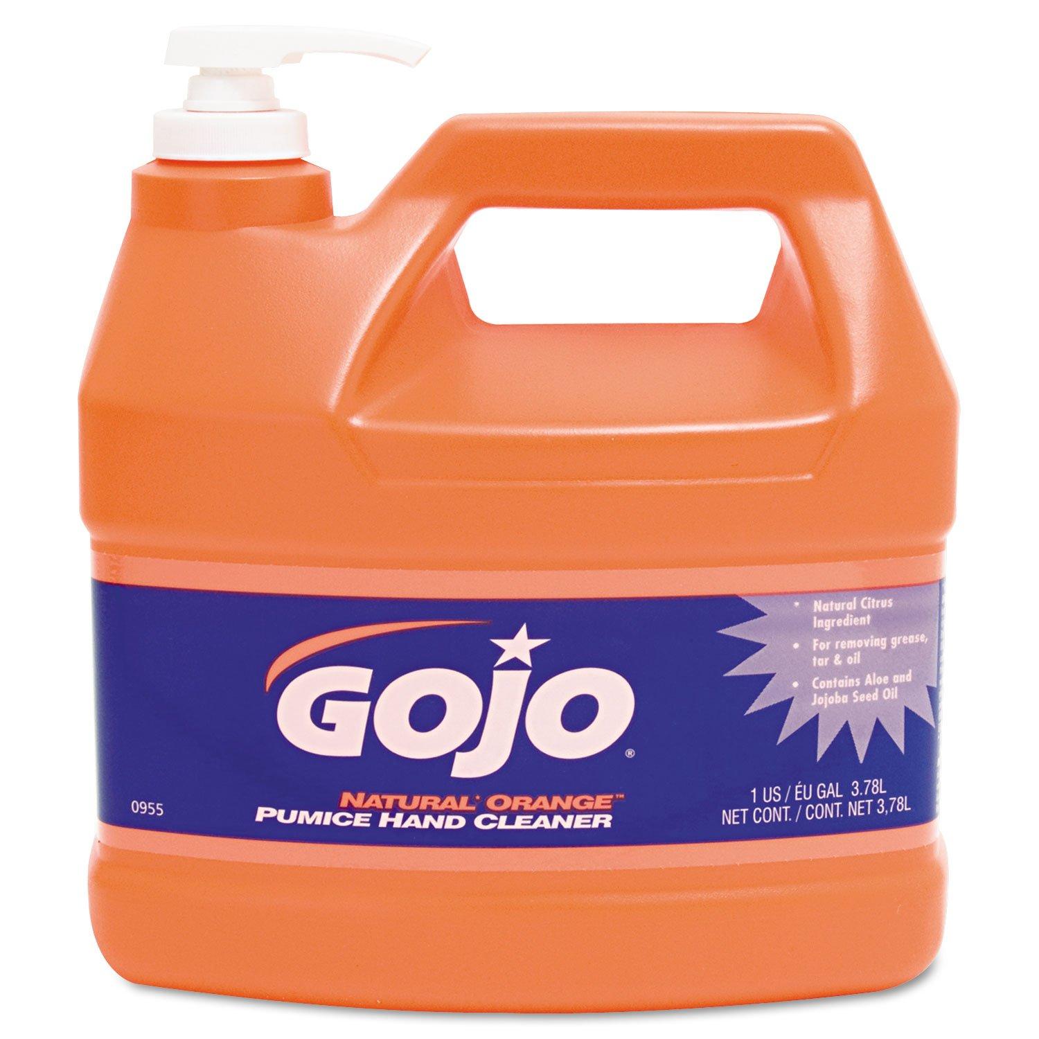 GOJO GOJO Industries Products - Hand Cleaner, Orange Pumice, w/Baby Oil, 1 Gal, 4/CT, Citrus - Sold as 1 CT - Heavy-duty hand cleaner offers quick-acting lotion formula with pumice scrubbing particles for cleaning a broad range of industrial soils, medium