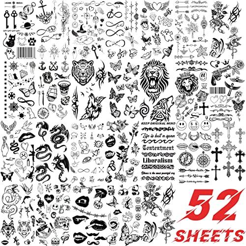EGMBGM EGMBGM 52 Sheets Tiny Small Temporary Tattoos For Kids Boys Girls, Tribal Animals Butterfly Anchor Compass Tattoo Stickers For Men Women, 3D Cute Flower Fake Face Tatoo Kits Sets For Neck Arm Hands