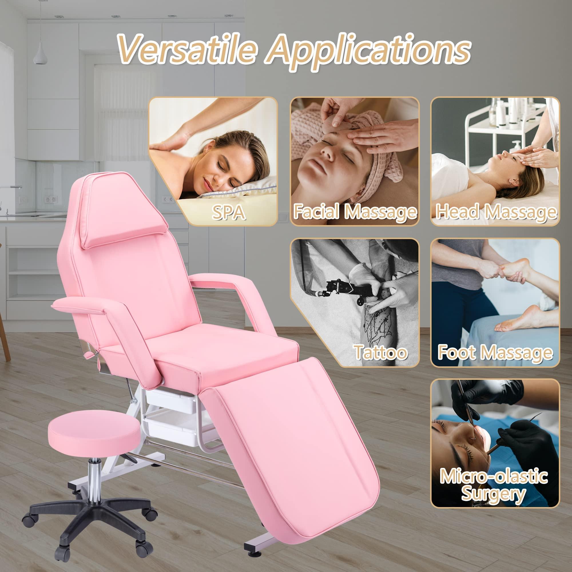 China YHUBHSIS Massage Bed Tattoo Chair with Hydraulic Stool, 3-Section Esthetician Salon Facial Bed, Adjustable Beauty Spa Equipment Barber Chair, Esthetician Lash Bed with Removable Headrest