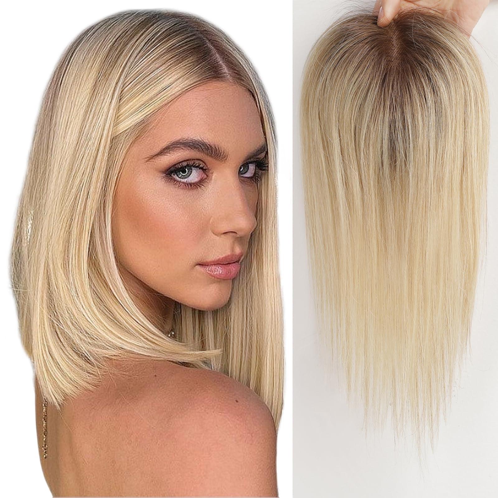 EMMOR EMMOR Hair Topper For Women, 100% Remy Human Hair For Women With Thinning, Hair Loss Cover Gray Hair, Three Clips on Topper, 3.5in4in Hand-Tied, 12 inch - Ombre Light Blonde