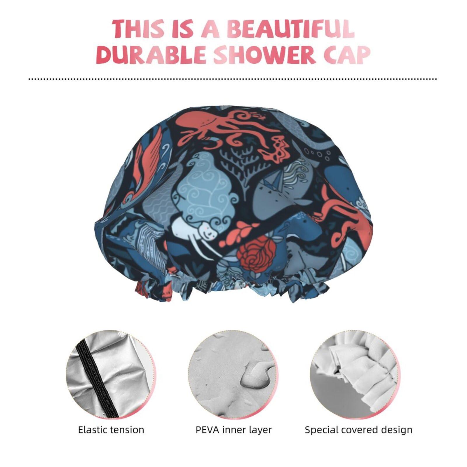 PAILON Octopus Sharks Whales Large Shower Cap For Women Men Reusable Shower Caps Waterproof Shower Cap For Braids & Long Hair shower bonnet with PEVA lined&Elastic Band Fashion showercap