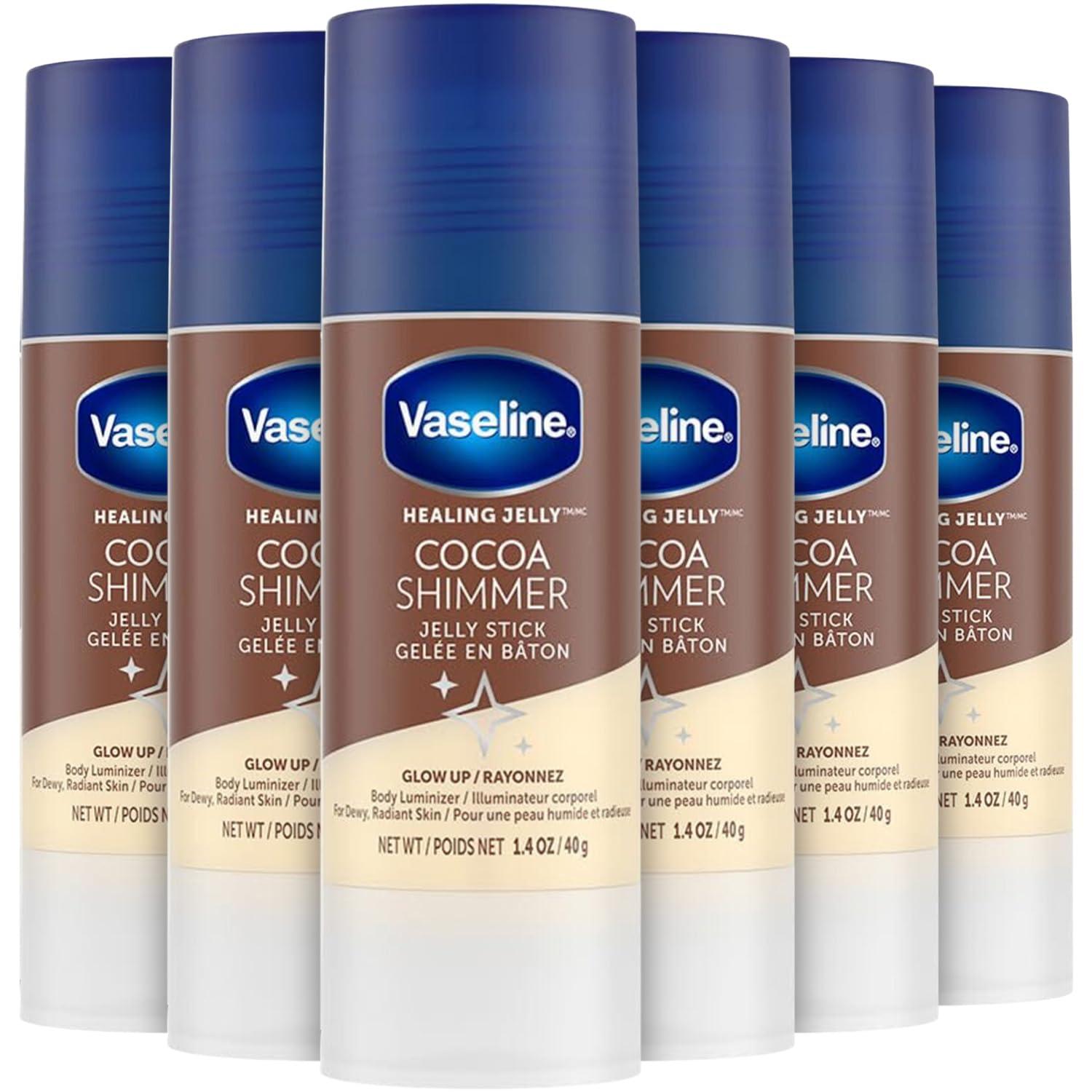 Vaseline Vaseline Cocoa Shimmer Jelly Stick Highlighter & Luminizer Cocoa Butter Body Shimmer Stick, Lotion, Travel Size, for Glowing Skin, 1.4 Oz Ea (Pack of 6)