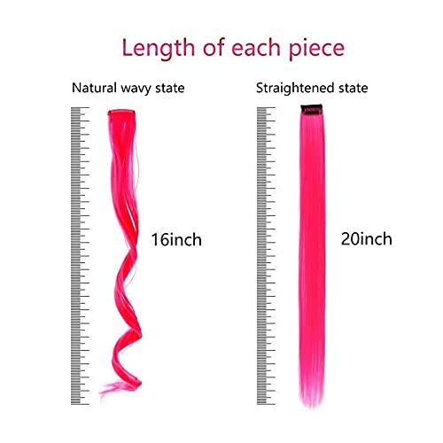 TENGNIUNIU TENGNIUNIU Colored Hair Extensions Clip in Hot Pink 12 Pieces Highlights Party for Kids Girls Women 16 Inch Wavy Curly Synthetic