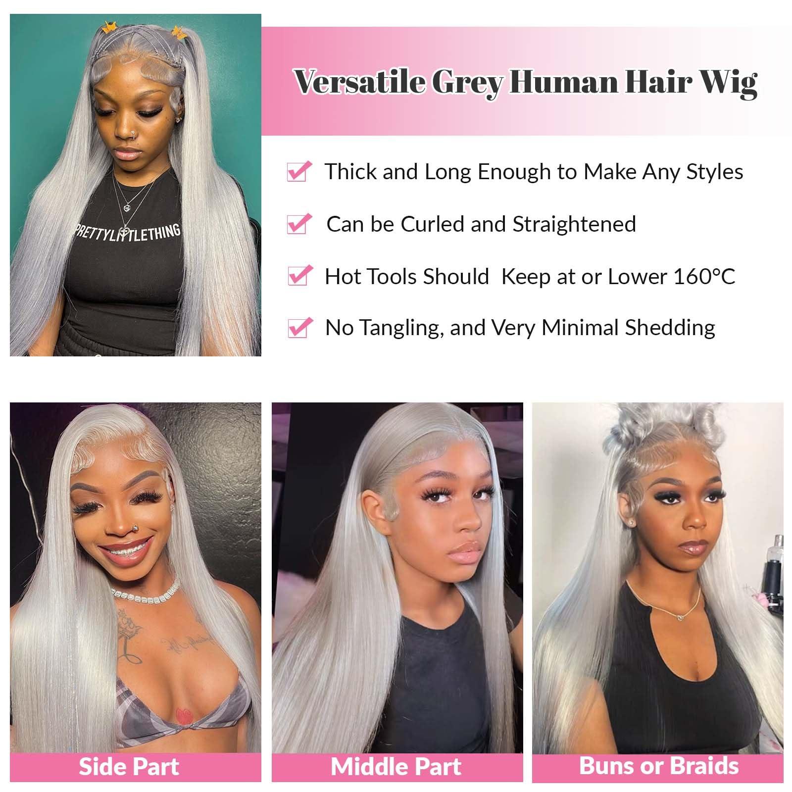 Licoville Grey Human Hair Wigs for Women 180% Density Grey Lace Frontal Wigs Human Hair Pre Plucked Glueless 13x4 HD Lace Silver Grey Wig Human Hair Silky Straight Grey Human Hair Lace Front Wig 26 Inch