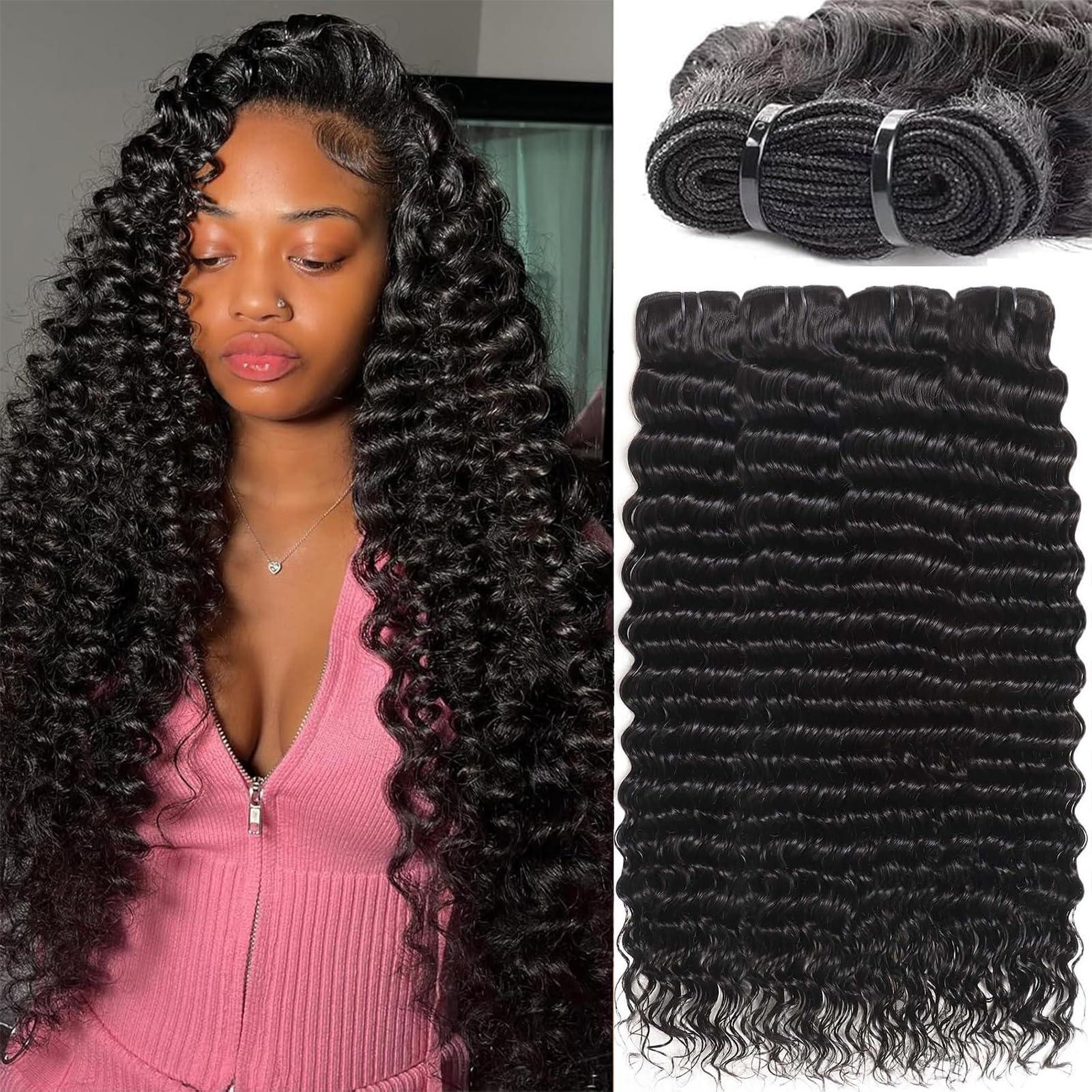 NBRUW Human Hair Bundles 20 22 24 26 Inch Deep Wave Bundles Human Hair 12A 4 Bundles Human Hair 100% Unprocessed Virgin Deep Curly Human Hair Bundles Deals Real Human Hair Extensions Natural Black