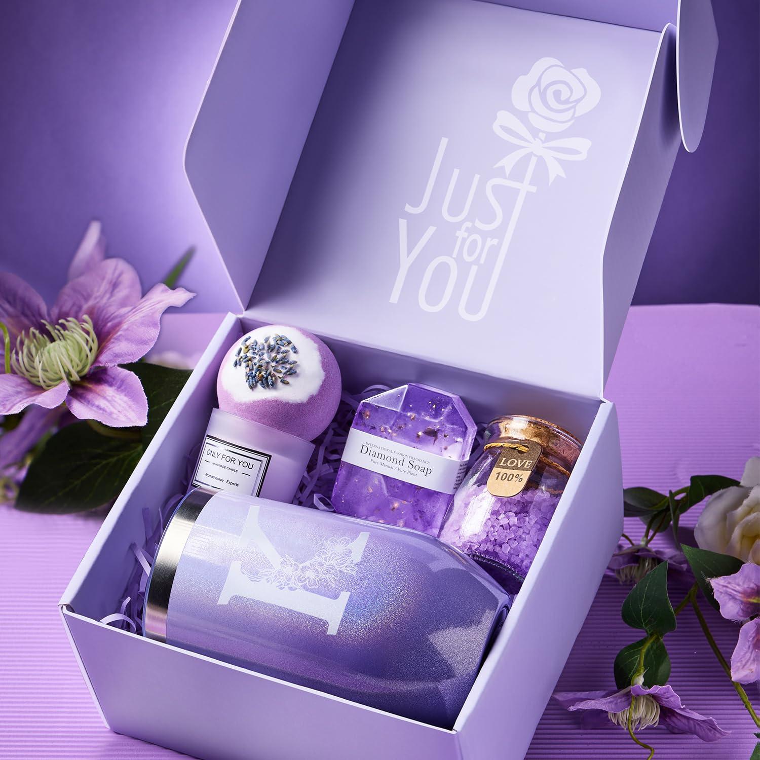 MADDIFY Gifts for Women, Mom, Wife, Girlfriend, Sister, Friends, Her - Unique Birthday, Christmas, Valentine\'s Day, Mothers Day Gifts - Initial Lavender Spa Gift Basket Set (K)