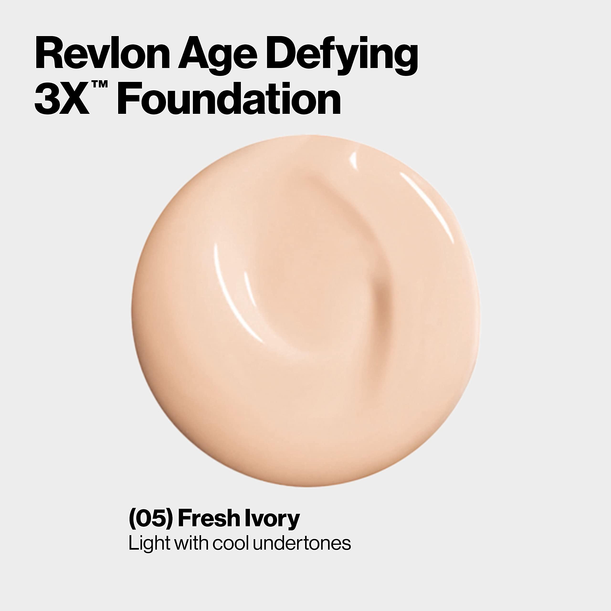 REVLON Revlon Liquid Foundation, Age Defying 3XFace Makeup, Anti-Aging and Firming Formula, SPF 30, Longwear Medium Buildable Coverage with Natural Finish, 005 Fresh Ivory, 1 Fl Oz