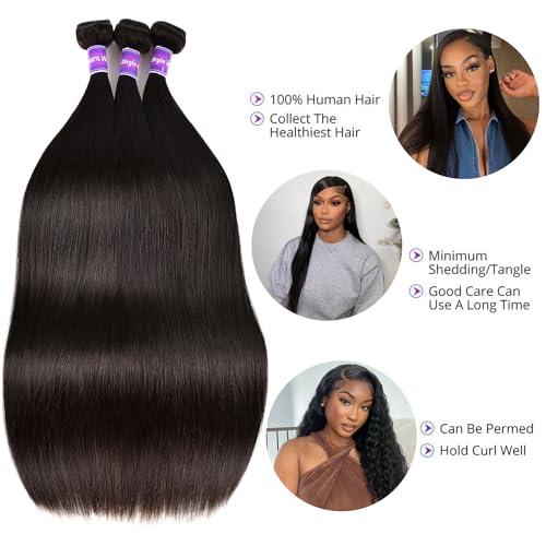 Sufeiya Hair Straight Human Hair Bundles With Closure For Black Women (24 26 28+20) Brazilian Human Hair Bundles With 4x4 Lace Closure Free Part 100% Unprocessed Weave 3 Bundles with Swiss Lace Closure