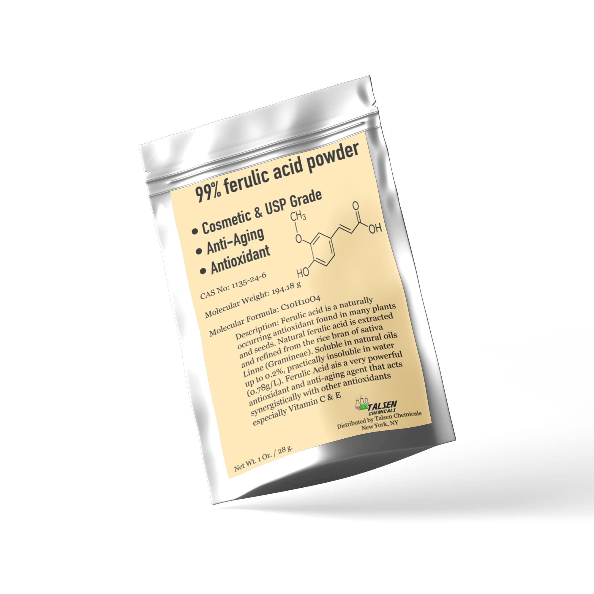 Talsen Chemicals Ferulic Acid Powder Pure 99% Pure Cosmetic Grade Powder Pure Natural Antioxidant, Anti-Aging, DIY Skincare (2 Oz / 56 Grams)