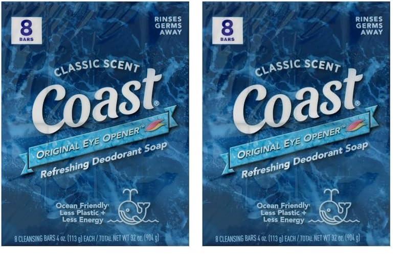 Coast Coast Refreshing Deodorant Soap Bar - 8 Bars - Thick Rich Lather Leaves Your Body Feeling Energized And Clean - Classic Pacific Force Scent (Pack of 2)