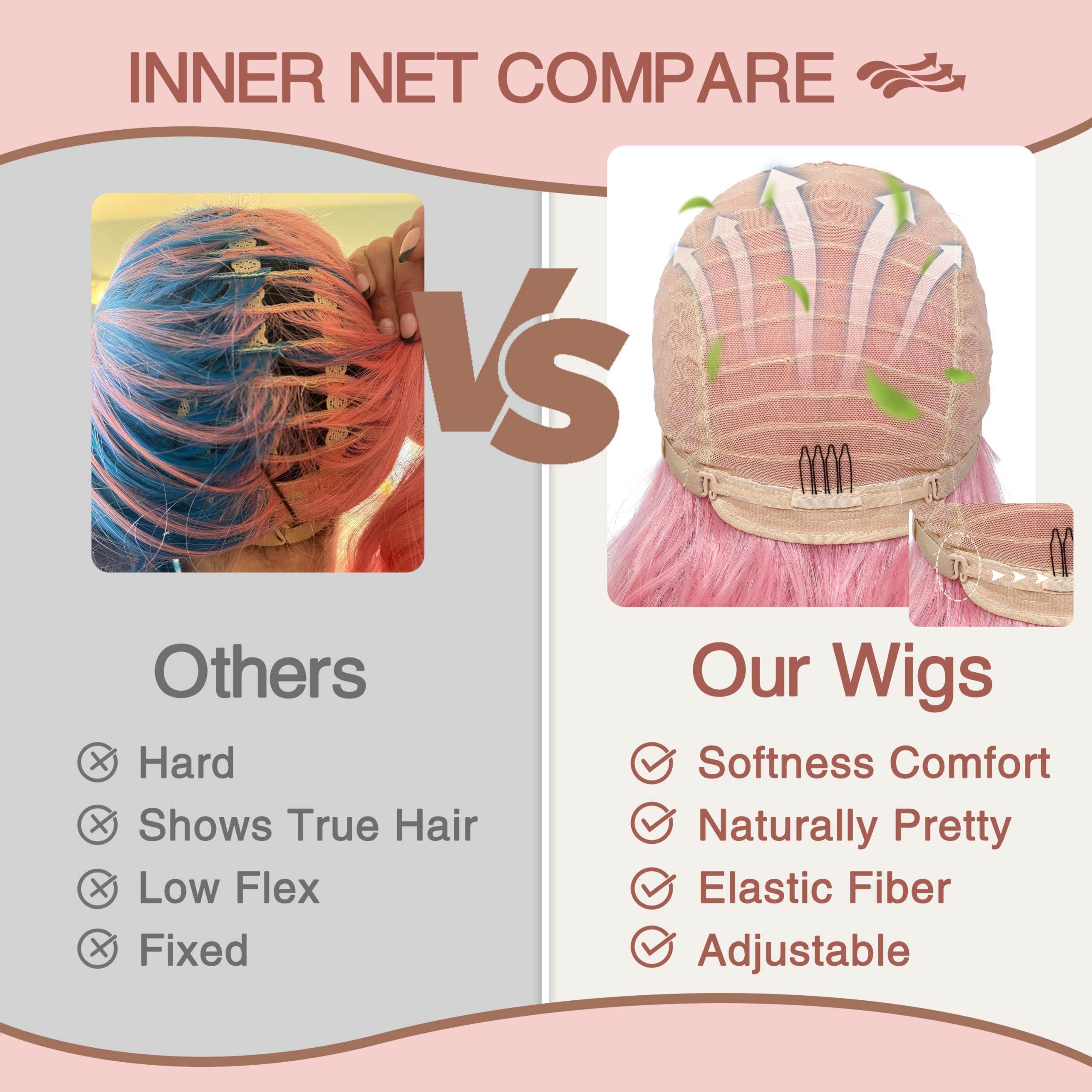 BUPPLER BUPPLER Pink Wig 18 Inch Medium Length Wigs for Women Middle Part Synthetic Hair Wavy Wig with Upgraded Strands,Natural Hair Wig for Daily Party/Halloween Use 18Inch,Pink