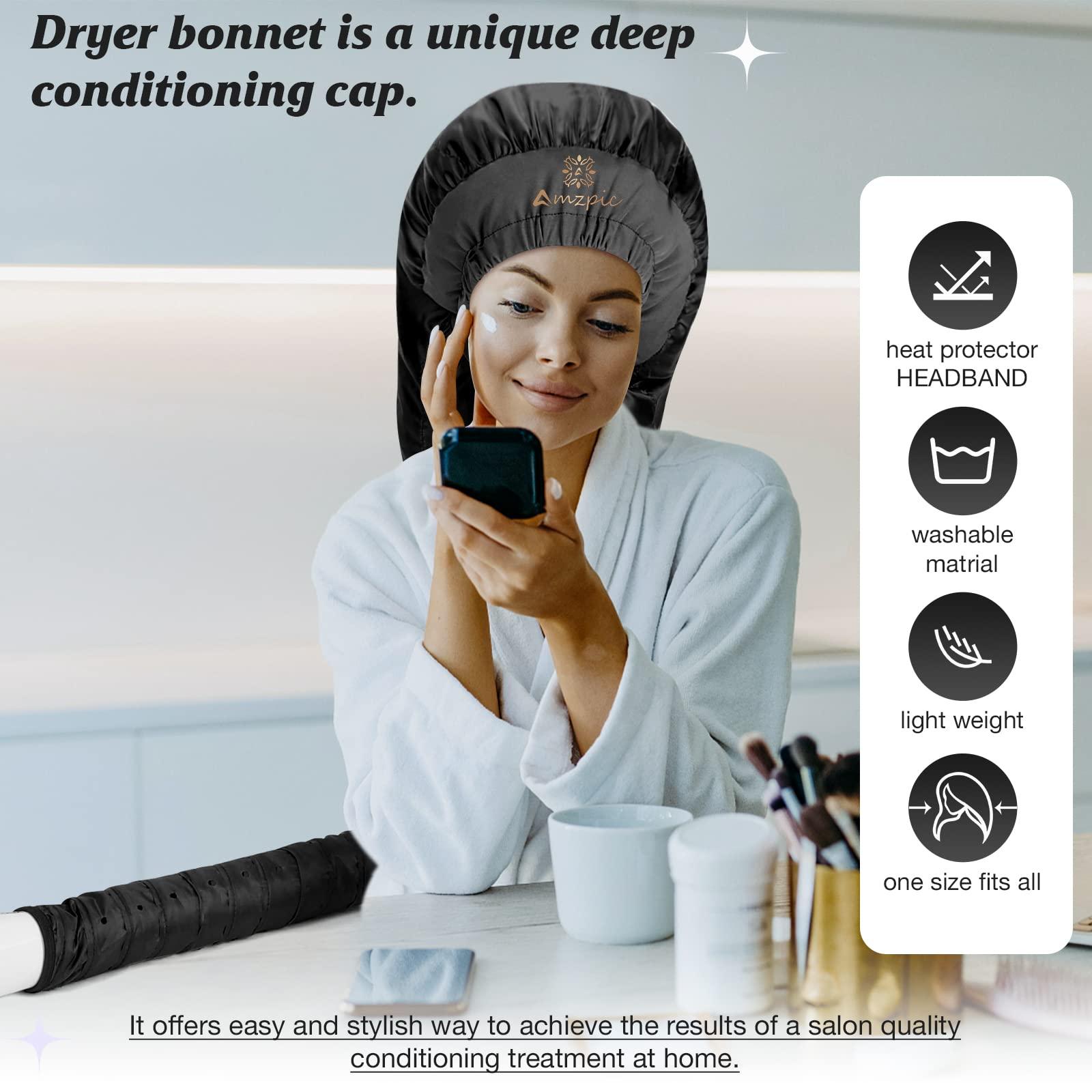 Amzpic Bonnet Hair Dryer Attachment - Bonnet Hood Dryer with Headband That Reduces Heat Around Ears and Neck, Use for Hair Styling, Hair Drying, Curling and Deep Conditioning (Extended Version, Black)
