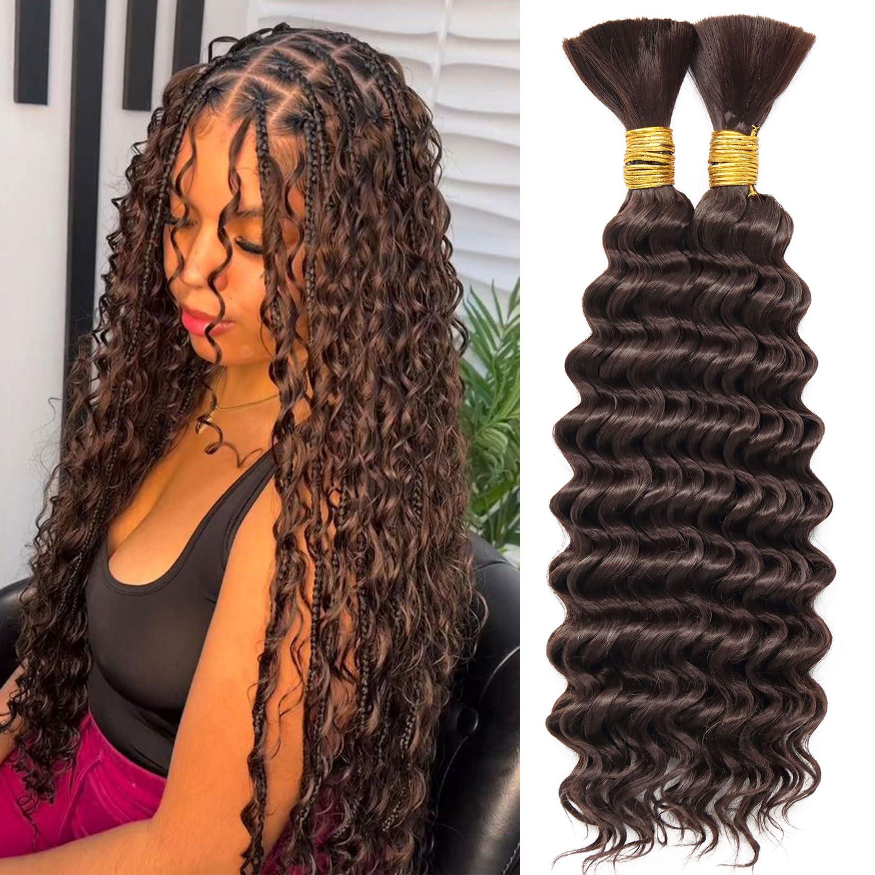 Wassai Deep Wave Bulk Hair for Braiding Dark Brown Curly Hair for Bohemian Knotless Braids 2 Boundle Boho Braids Curs 200g 20 Inch Boho Hair for Micro Braiding No Weft