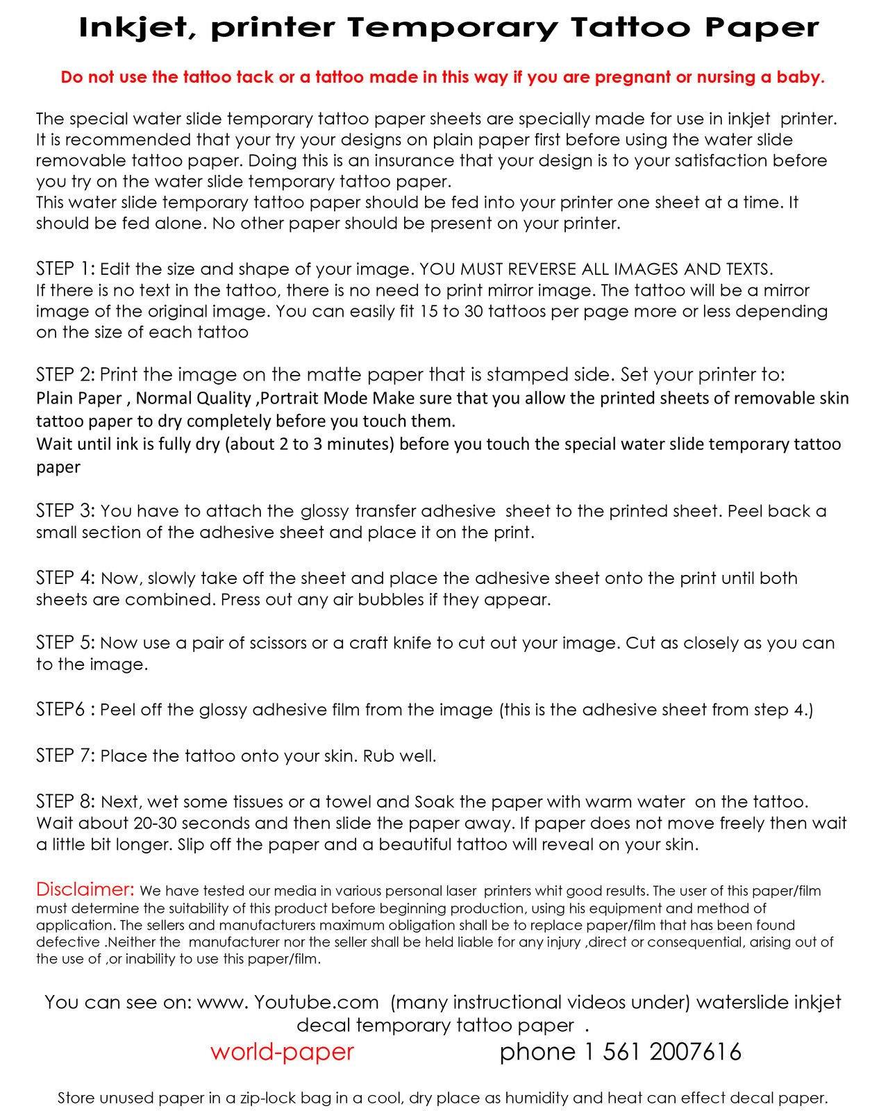 World-Paper Inkjet Tatto Inkjet Temporary Tattoo Paper 8.5" x 11" (Pack of 5 Sheets) -Make Your Own Removable Tattoo