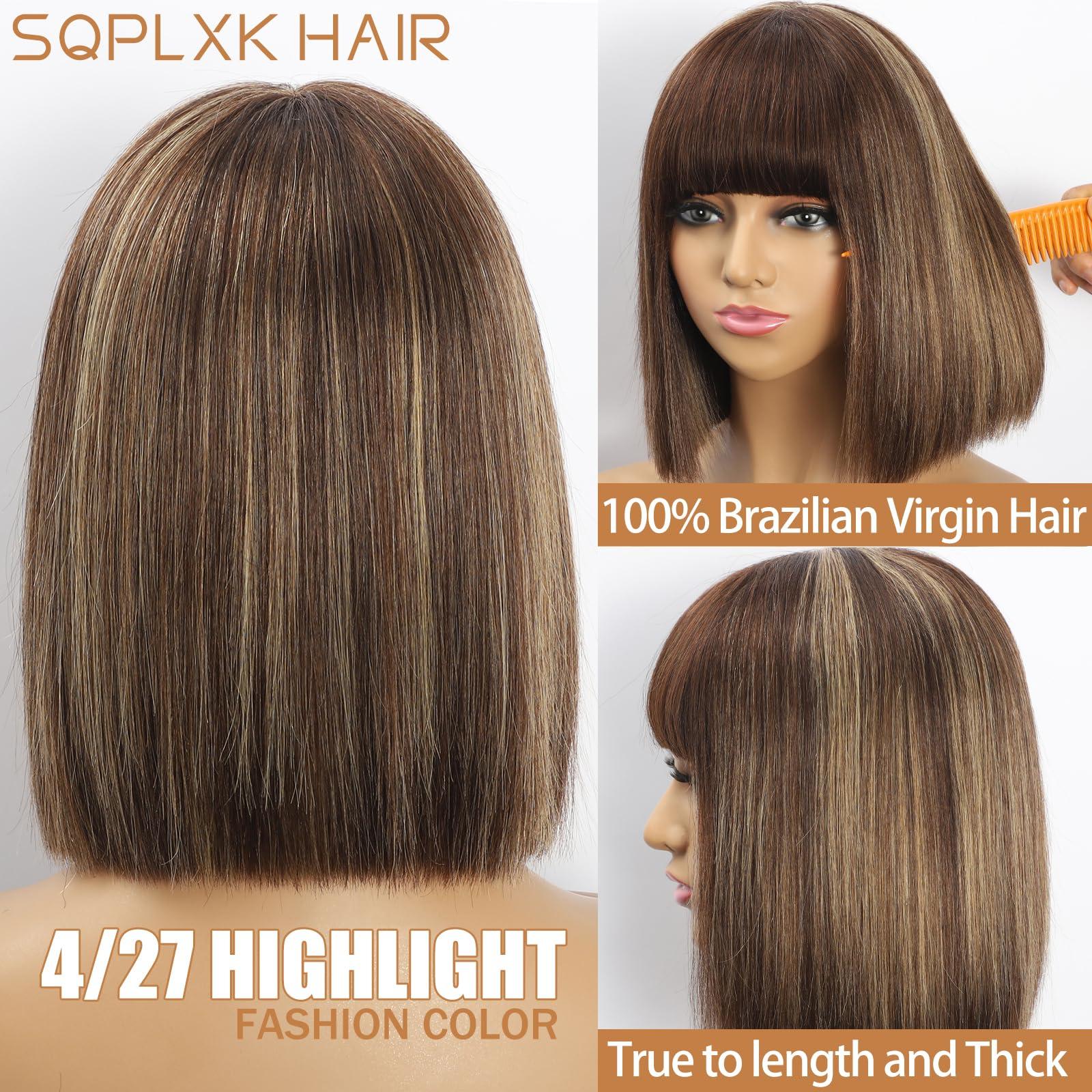 SQPLXK SQPLXK 4/27 Highlight Bob Wig with bangs Human Hair Glueless 2x1 HD Lace Coloured Bob Wig 180 Density Wear and Go Virgin Human Hair Machine Made Bob Wigs for Women 12 Inch