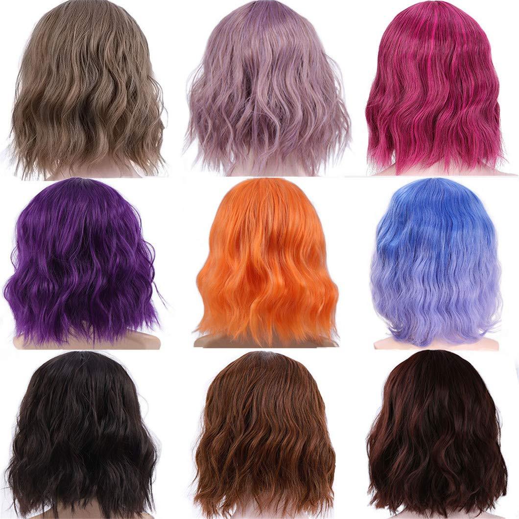 SSJFZM Pink Wig Short Bob Wig With Bangs Cosplay Water Wave Hair Wigs For Women American Style Synthetic Wig 97C Pink 14inches