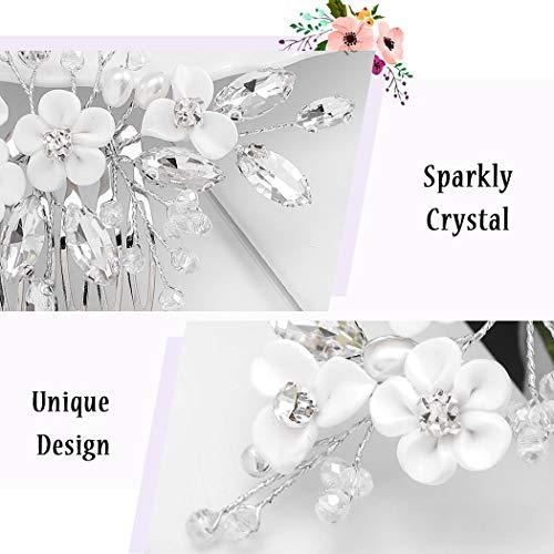 Barode Barode Bridal Wedding Hair Comb Silver Flower Rhinestone Sparkly Crystal Bride Leaf Side Combs Pearl Hair Accessories for Women and Girls (Silver)