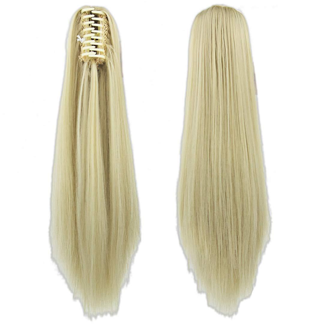 SSJFZM Moko Goddess High Temperature Fiber Synthetic Hair Claw Ponytails Long Gray Blonde Wavy Clip On Hairpiece Extensions Pony Tail Straight 16613 24inches