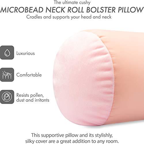 PILLOWY Microbead Bolster Neck Roll Pillow, Gently On Body, Head, Neck & Shoulders No Pain Rest, Relax Sleep - Silky Feel Prevent Wrinkles & Hair Breakage - Lightweight Cylinder Tube, 14" x 8", Cream Peach