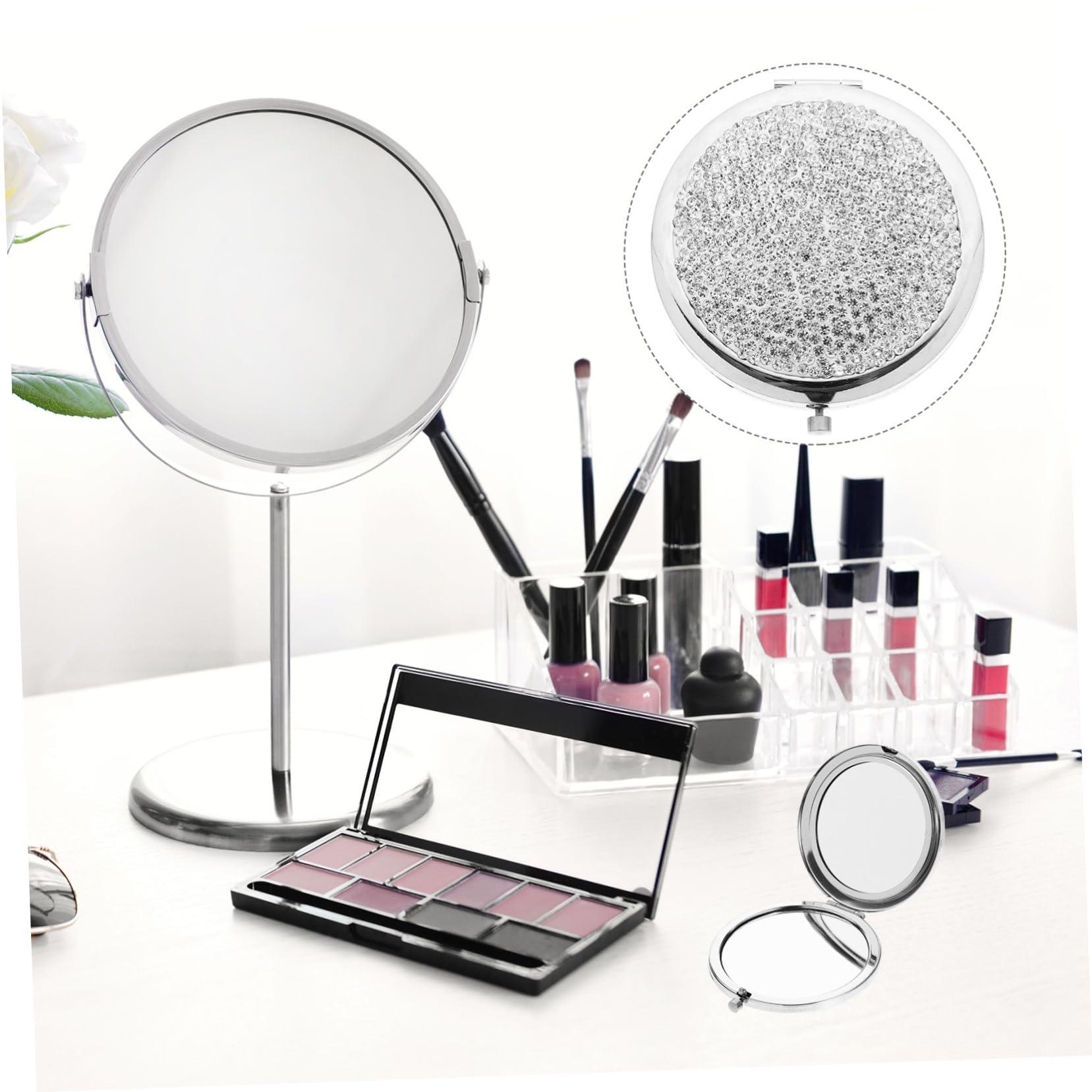 LALAFINA LALAFINA 1pc Bling Compact Mirror Pocket Rhinestone Makeup Mirror Double-Sided Cosmetic Mirror Round Folding Mirror for Women Travel Daily Use, White