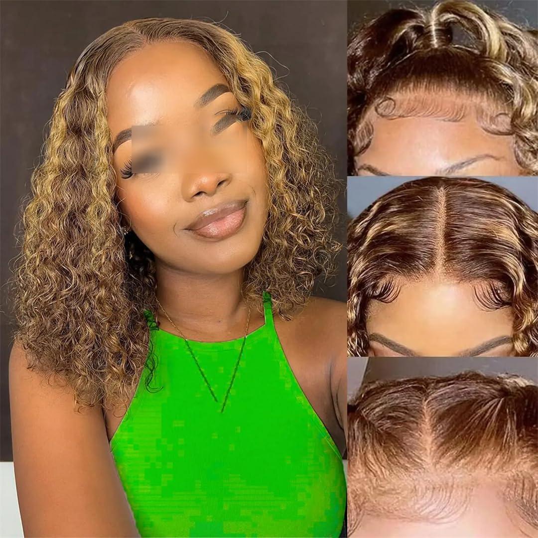 Wjnvfioo Short Curly Bob Wig 13X4 Lace Front Human Hair Wigs Pre Plucked Brown Short Deep Wave Wigs #4 10inches#150%