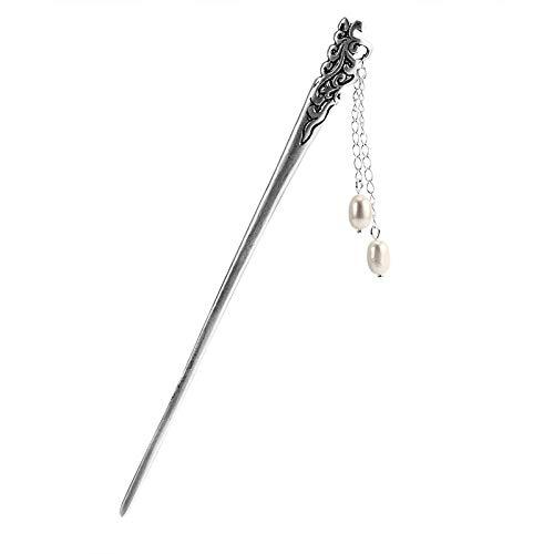 WCKJ Hair Chopsticks for Women, Japanese Retro Hair Sticks for Women Long Hair 925 Sterling Silver, Carved Flower Tassel Pearl Hair Pin Handmade Antique Hair Bun Accessories for Girl