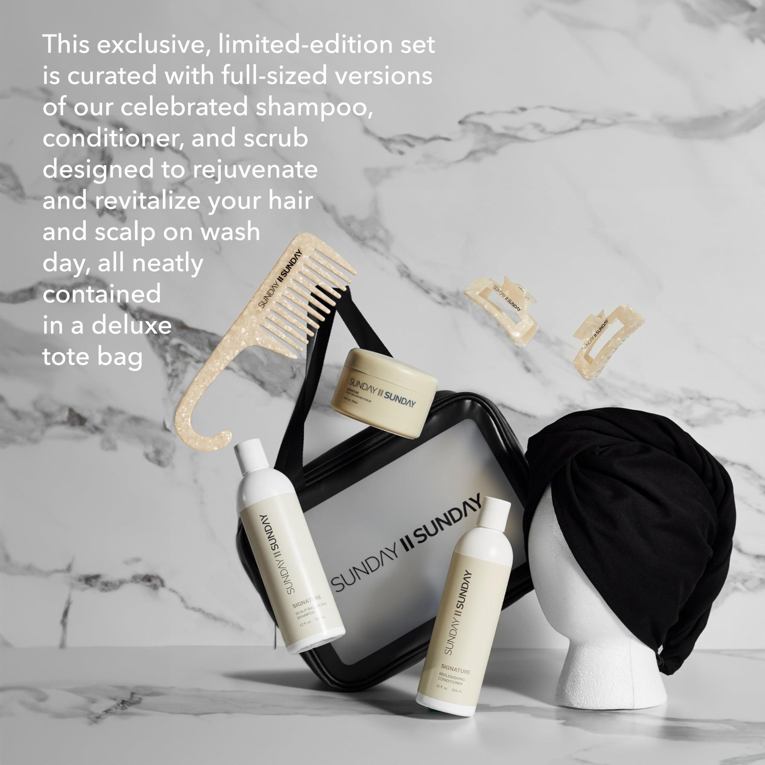 SUNDAY II SUNDAY SUNDAY II SUNDAY Deluxe Signature Hair Wash System, with Scalp Balancing Shampoo, Sugar Scrub, and Replenishing Conditioner, to Revitalize and Rejuvenate Strands, 8 piece Set