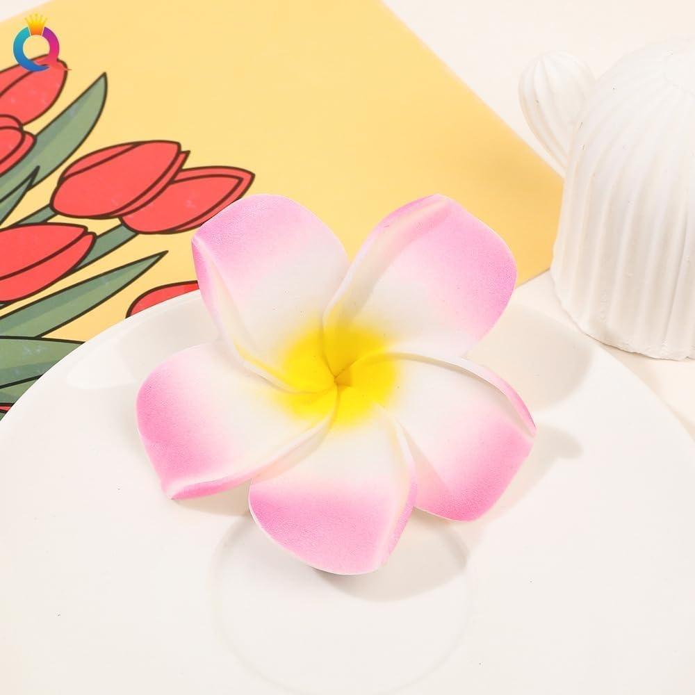Zenarao Hair Flower Clips, 4Pcs 7cm White and Pink Hawaiian Frangipani, Plumeria Foam Head Flower Party Beach Hair Clip flower, Hawaiian Hair Clips