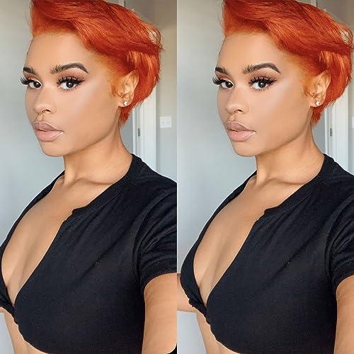 QUEEN MARY QUEEN MARY Pixie Cut Wigs for Black Women Human Hair Ginger Orange Lace Front Wigs Human Hair 13x4x1 Straight Bob Wigs Human Hair Side Part Ginger Orange Straight Bob Wig 6Inch